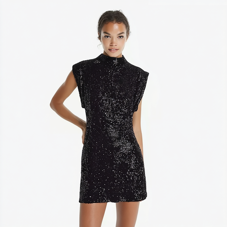 Vestido de Noche Corto con Lentejuelas y Hombros Estructurados Manciago para Eventos Elegantes