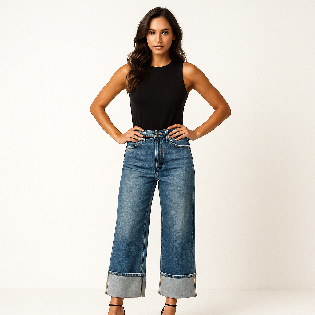 Vallancia Women's Trendy Wide-Leg Cuffed Jeans – Relaxed Fit with Premium Comfort