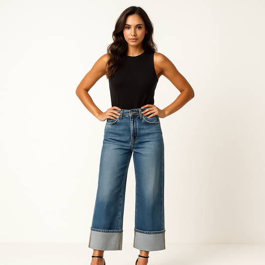 Vallancia Women's Trendy Wide-Leg Cuffed Jeans – Relaxed Fit with Premium Comfort