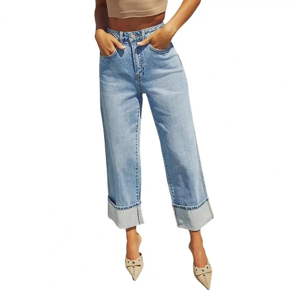 Vallancia Women's Trendy Wide-Leg Cuffed Jeans – Relaxed Fit with Premium Comfort