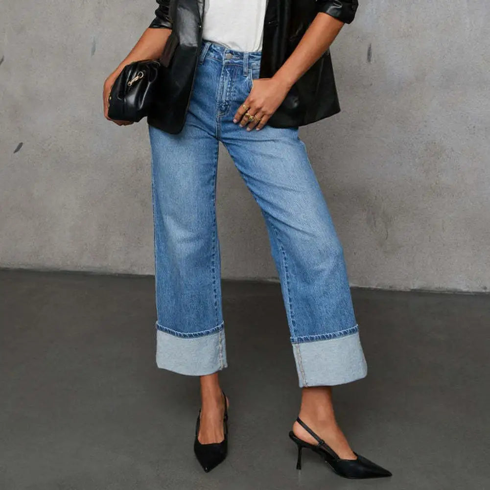 Vallancia Women's Trendy Wide-Leg Cuffed Jeans – Relaxed Fit with Premium Comfort